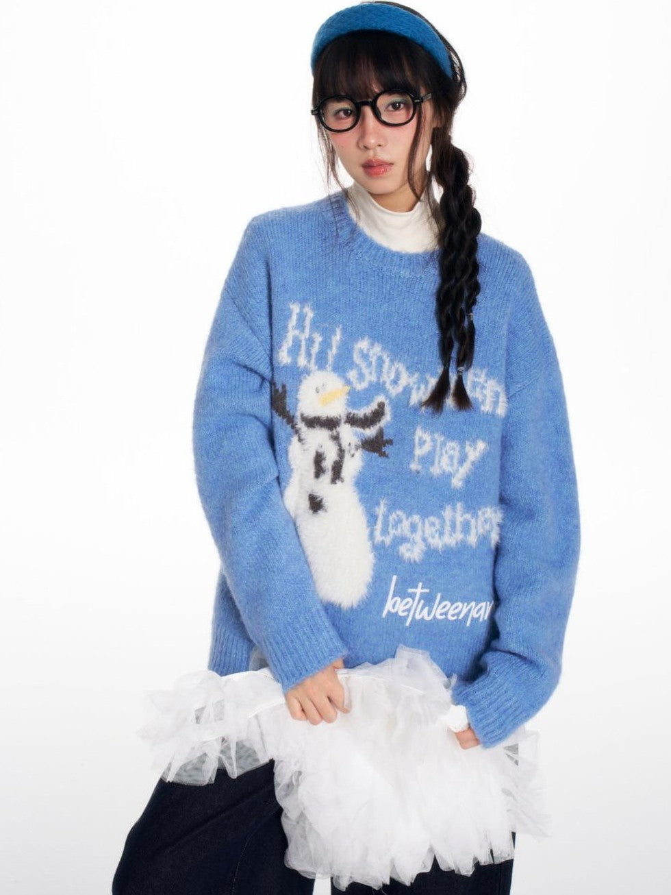 Blue Snowman Print Cozy Loose Women's Acrylic Wool Blend Sweaters