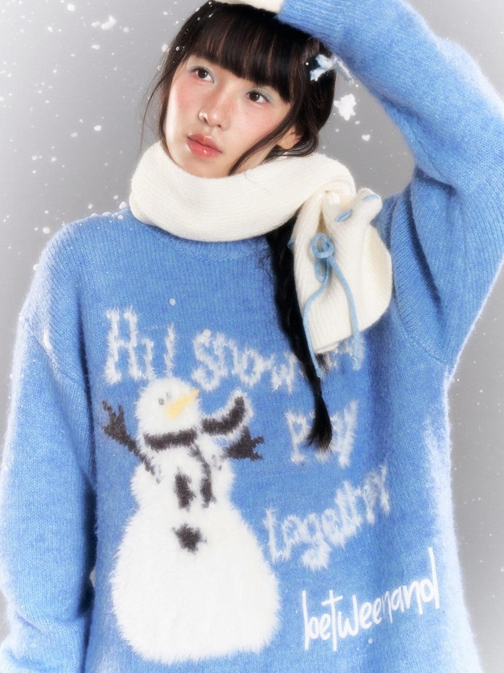 Blue Snowman Print Cozy Loose Women's Acrylic Wool Blend Sweaters