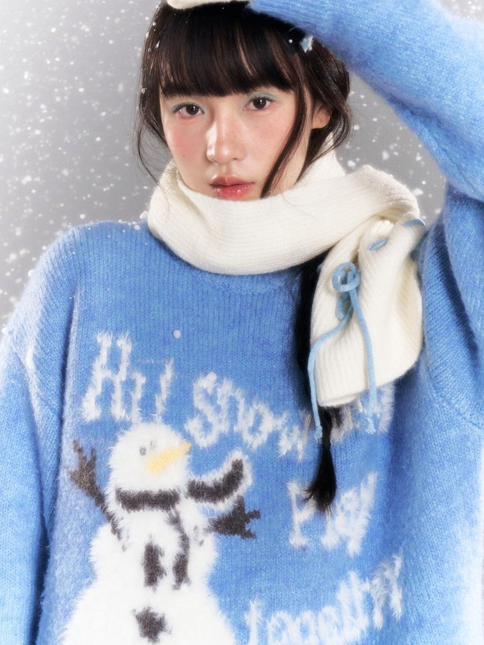 Blue Snowman Print Cozy Loose Women's Acrylic Wool Blend Sweaters
