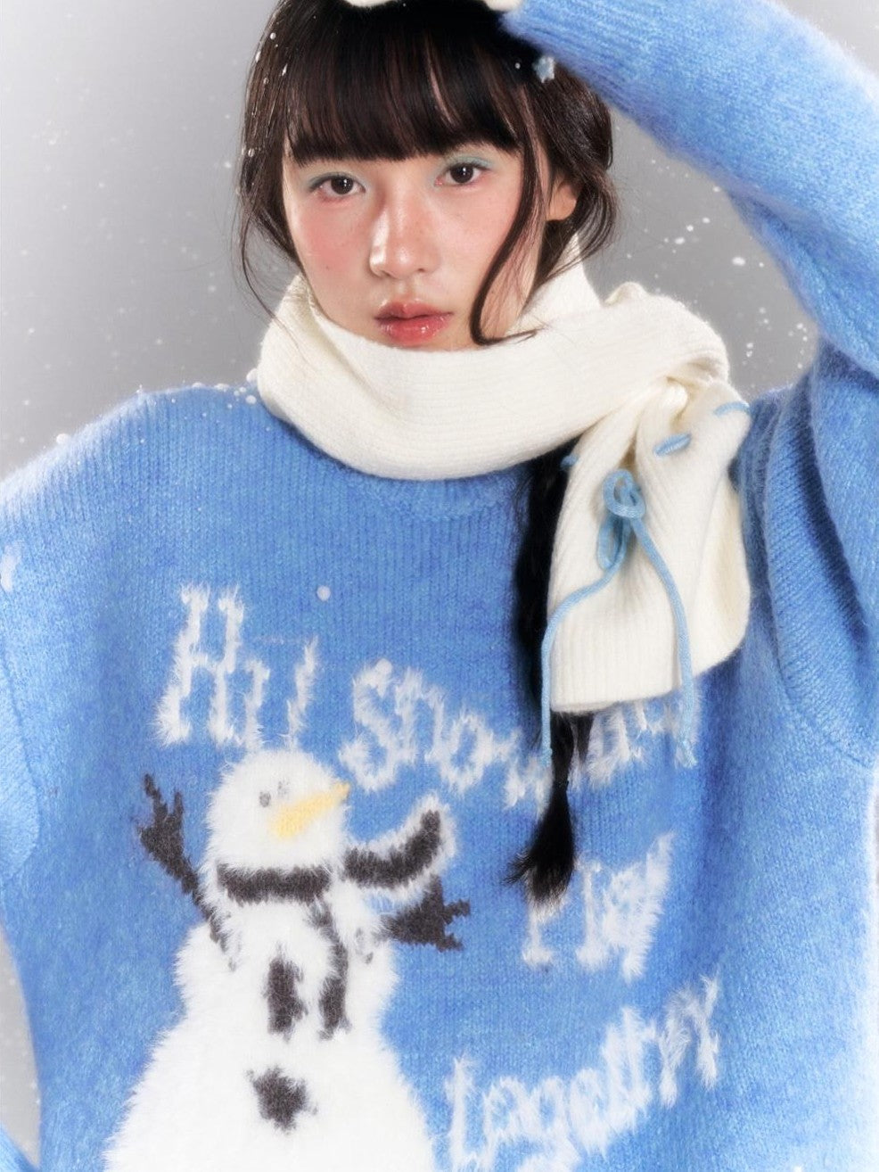 Blue Snowman Print Cozy Loose Women's Acrylic Wool Blend Sweaters
