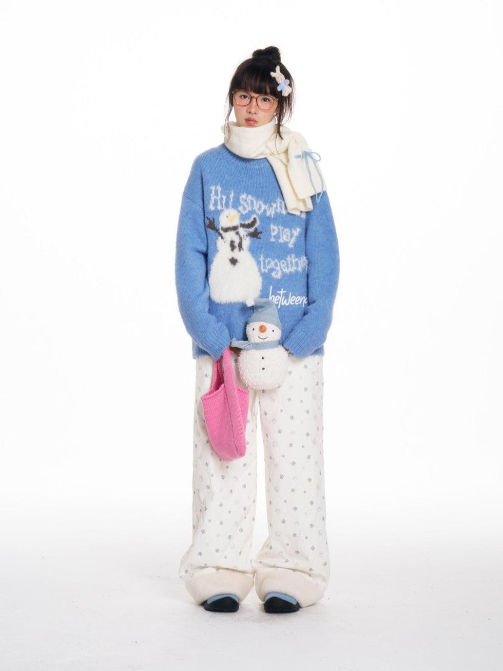 Blue Snowman Print Cozy Loose Women's Acrylic Wool Blend Sweaters