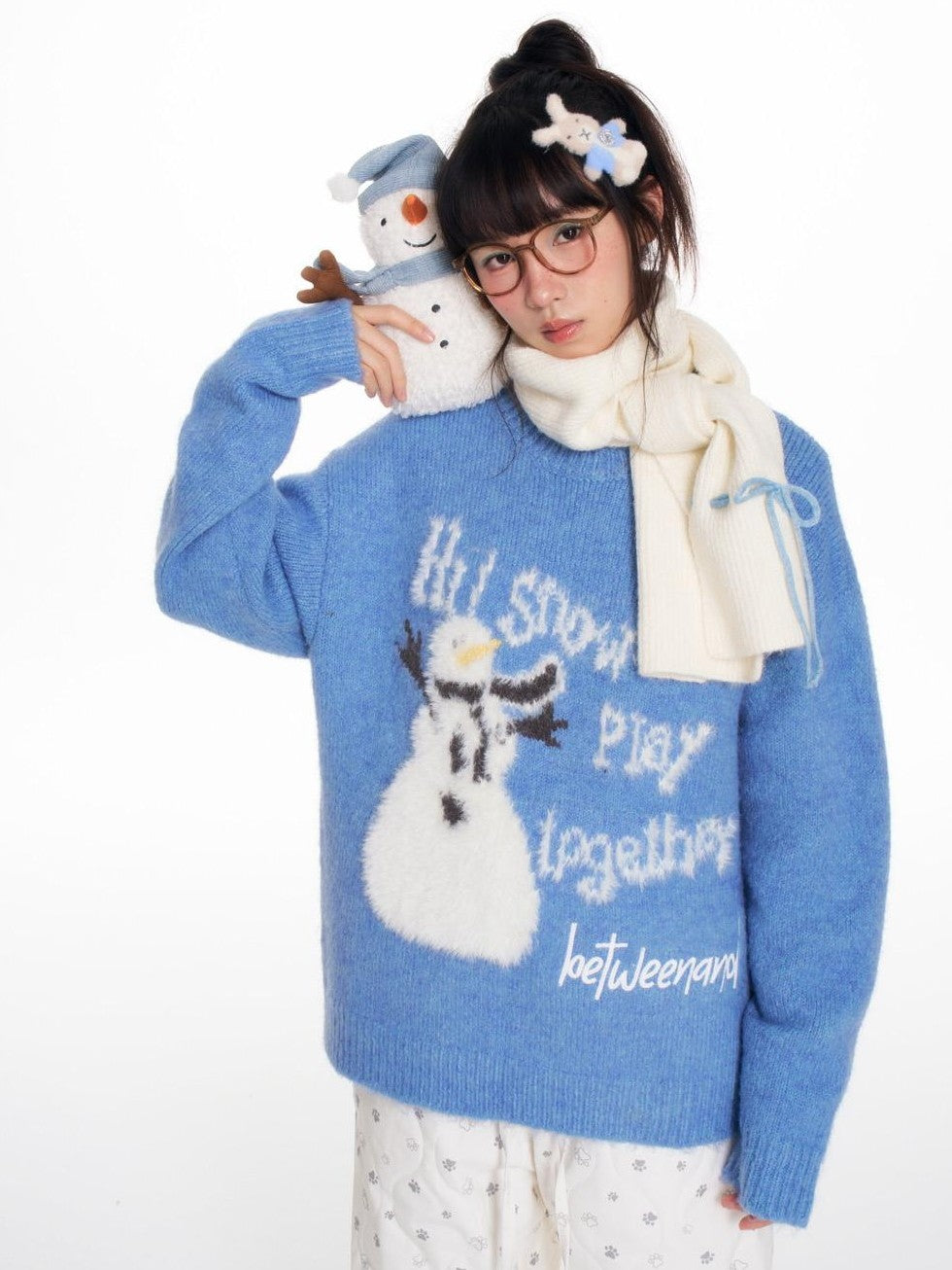 Blue Snowman Print Cozy Loose Women's Acrylic Wool Blend Sweaters