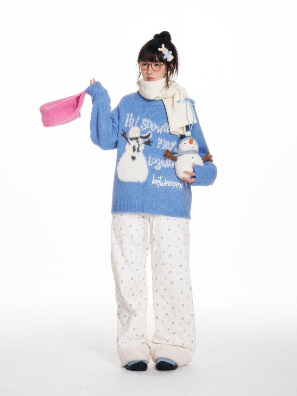 Blue Snowman Print Cozy Loose Women's Acrylic Wool Blend Sweaters