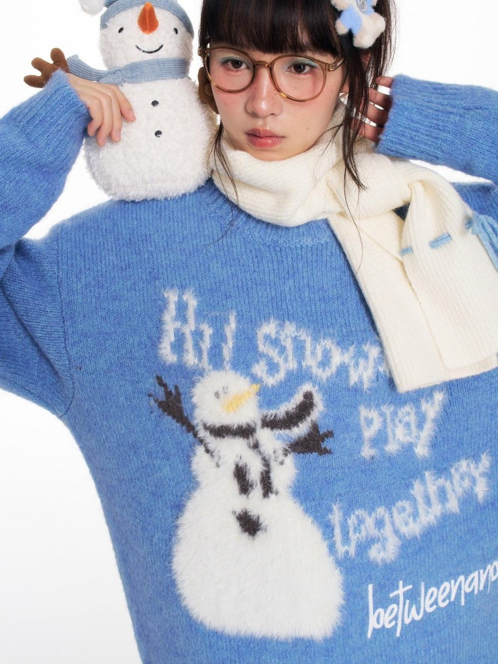 Blue Snowman Print Cozy Loose Women's Acrylic Wool Blend Sweaters