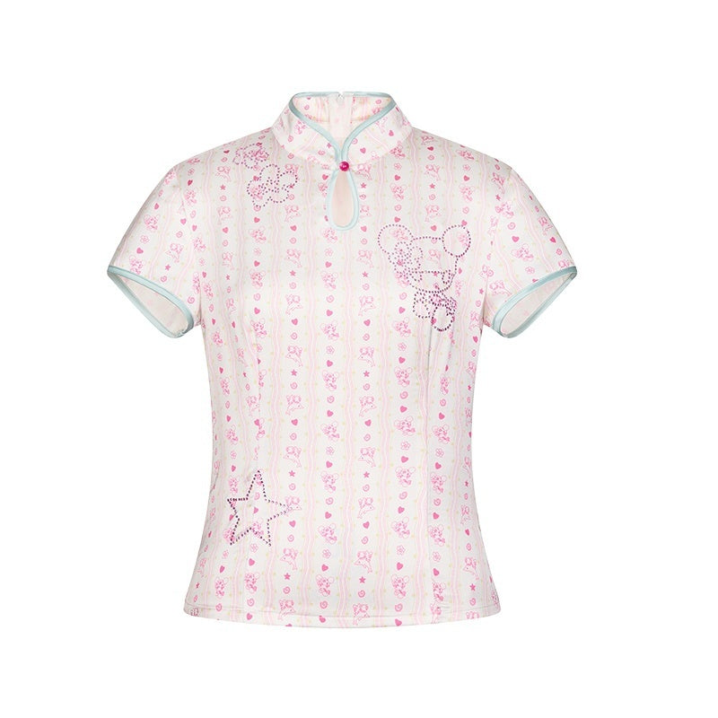 Blush Chinese Illustrated Print Rhinestone Women's Spandex Short Sleeve T-shirts