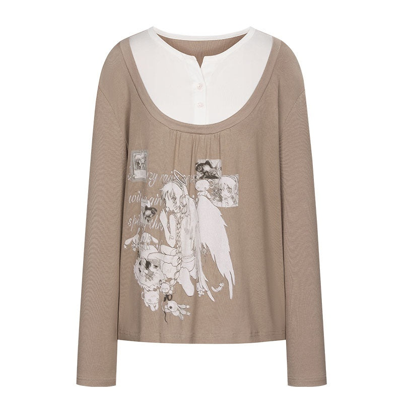 Brown Daydream Faux Two Piece Collegiate Women's Spandex Long Sleeve T-shirts