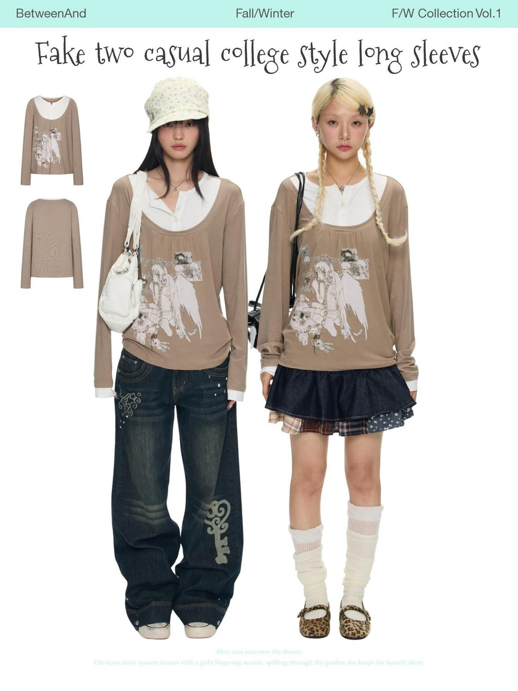 Brown Daydream Faux Two Piece Collegiate Women's Spandex Long Sleeve T-shirts