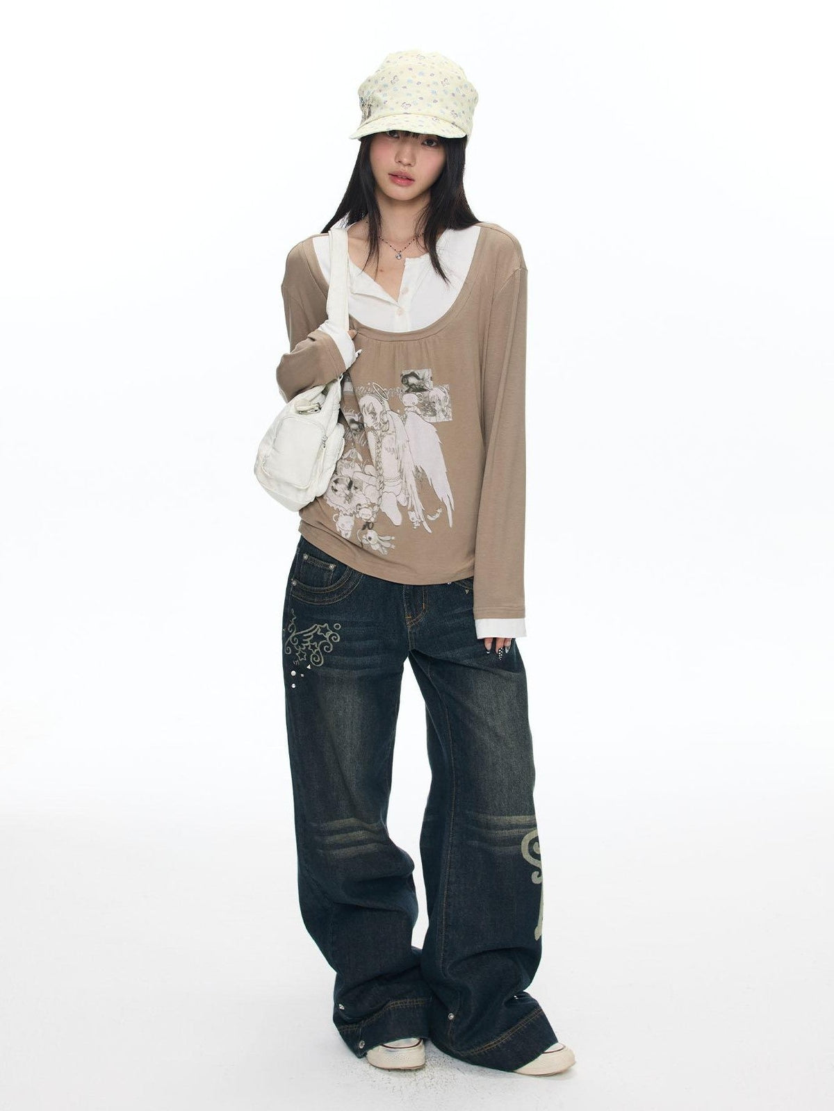 Brown Daydream Faux Two Piece Collegiate Women's Spandex Long Sleeve T-shirts