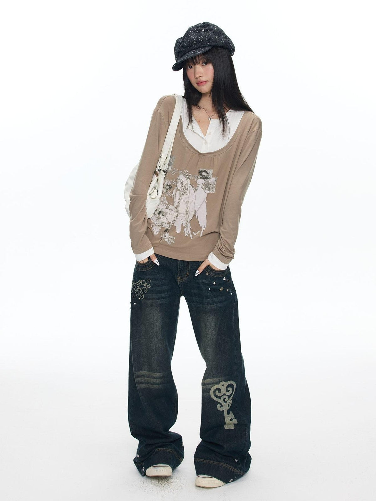 Brown Daydream Faux Two Piece Collegiate Women's Spandex Long Sleeve T-shirts