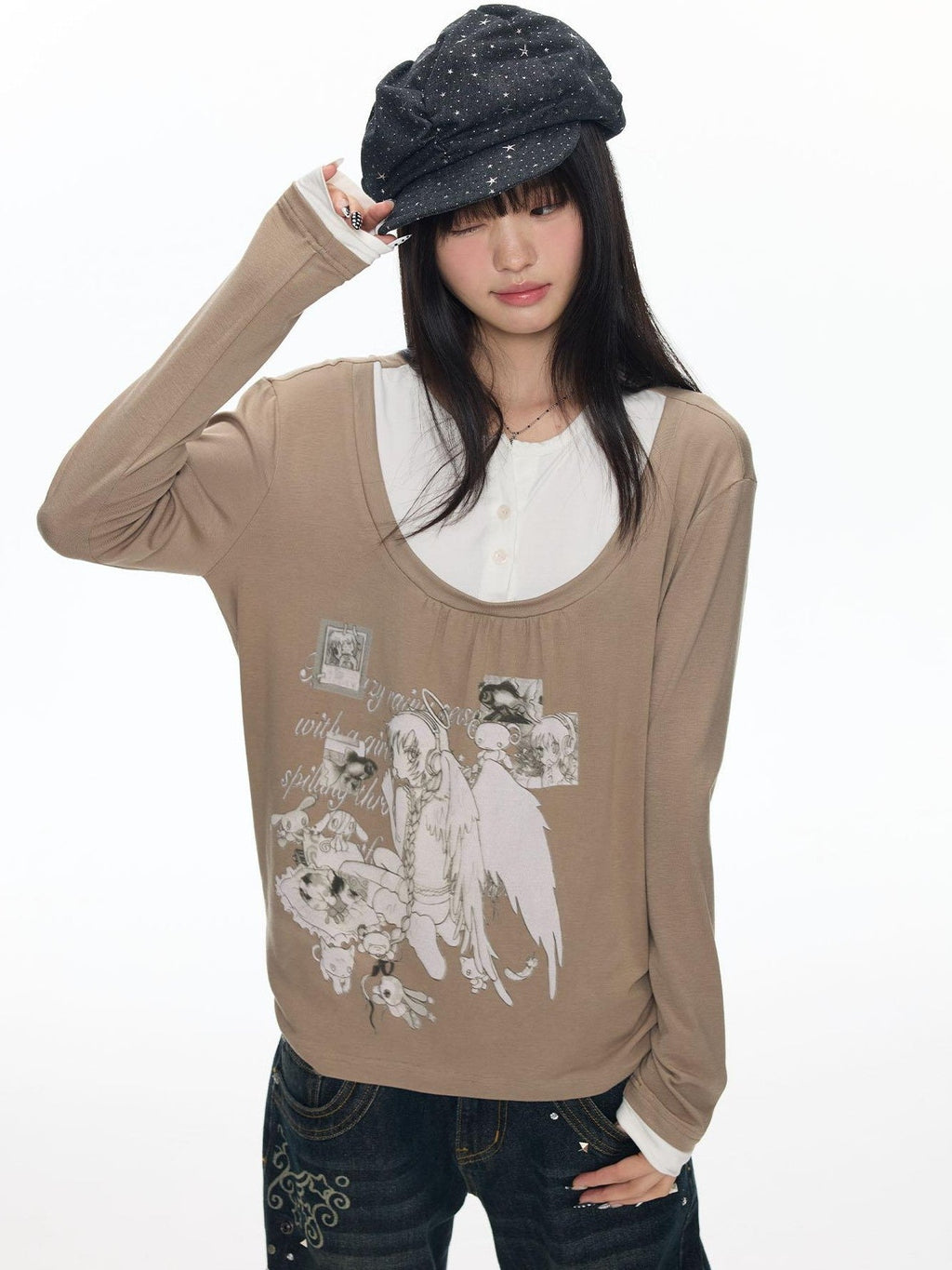 Brown Daydream Faux Two Piece Collegiate Women's Spandex Long Sleeve T-shirts