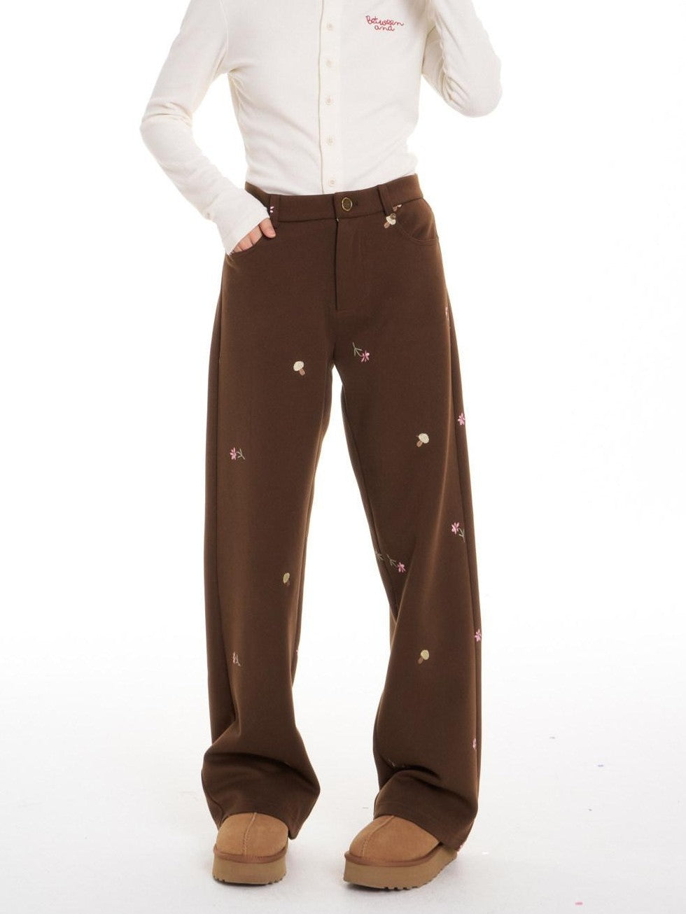 Brown Mushroom Floral Embroidery Women's Polyester Stretch Straight-leg Pants