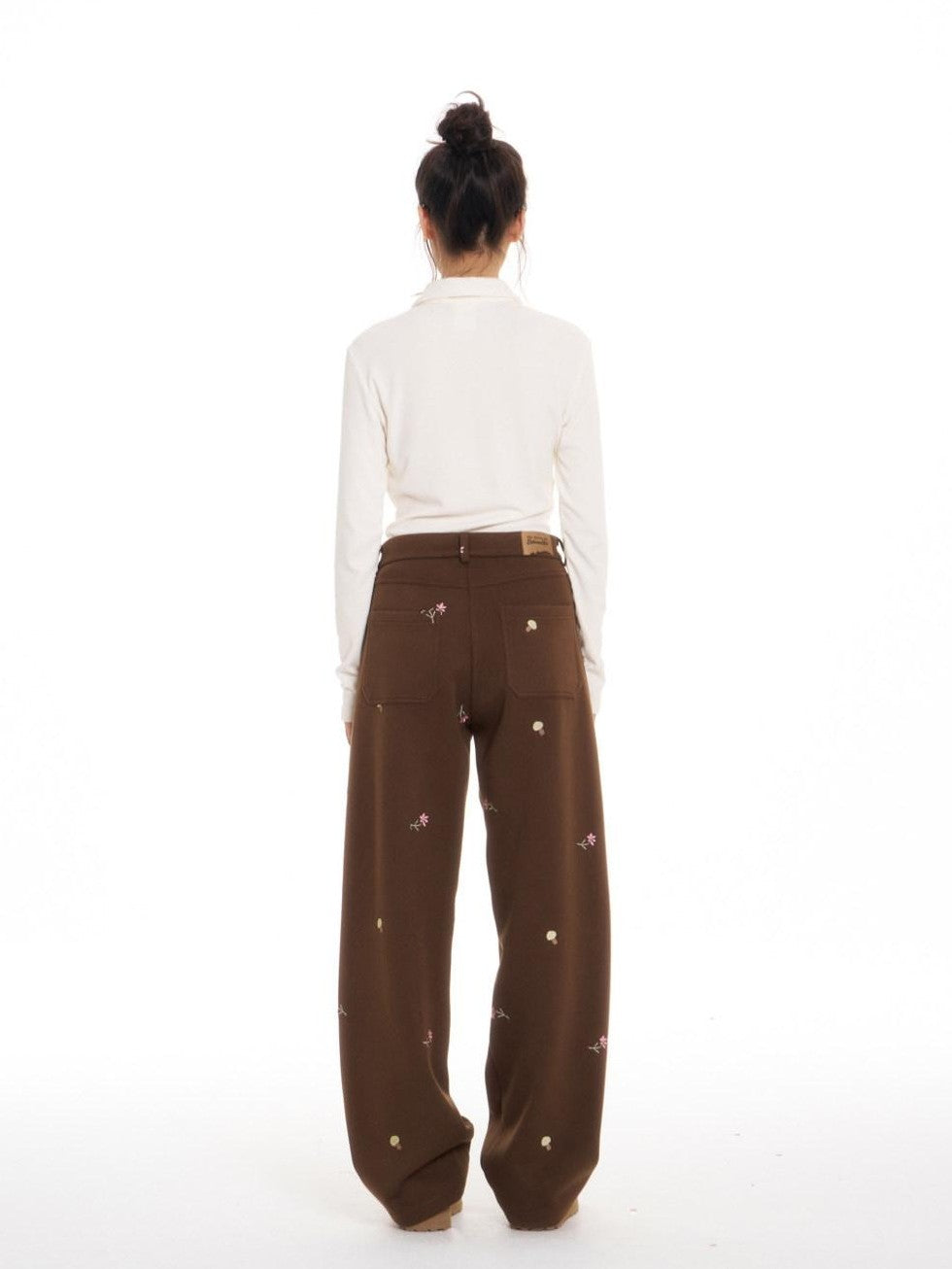 Brown Mushroom Floral Embroidery Women's Polyester Stretch Straight-leg Pants