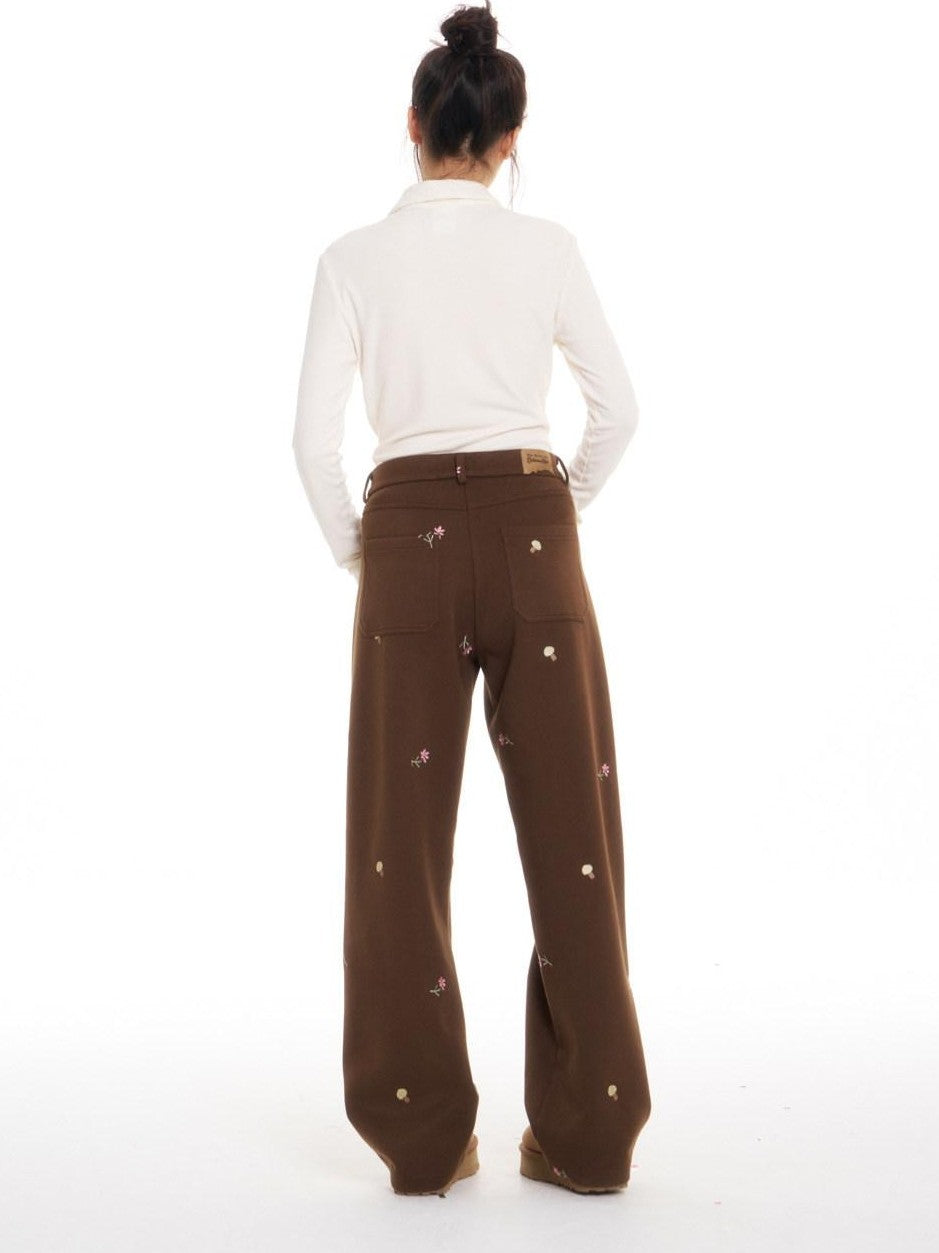 Brown Mushroom Floral Embroidery Women's Polyester Stretch Straight-leg Pants