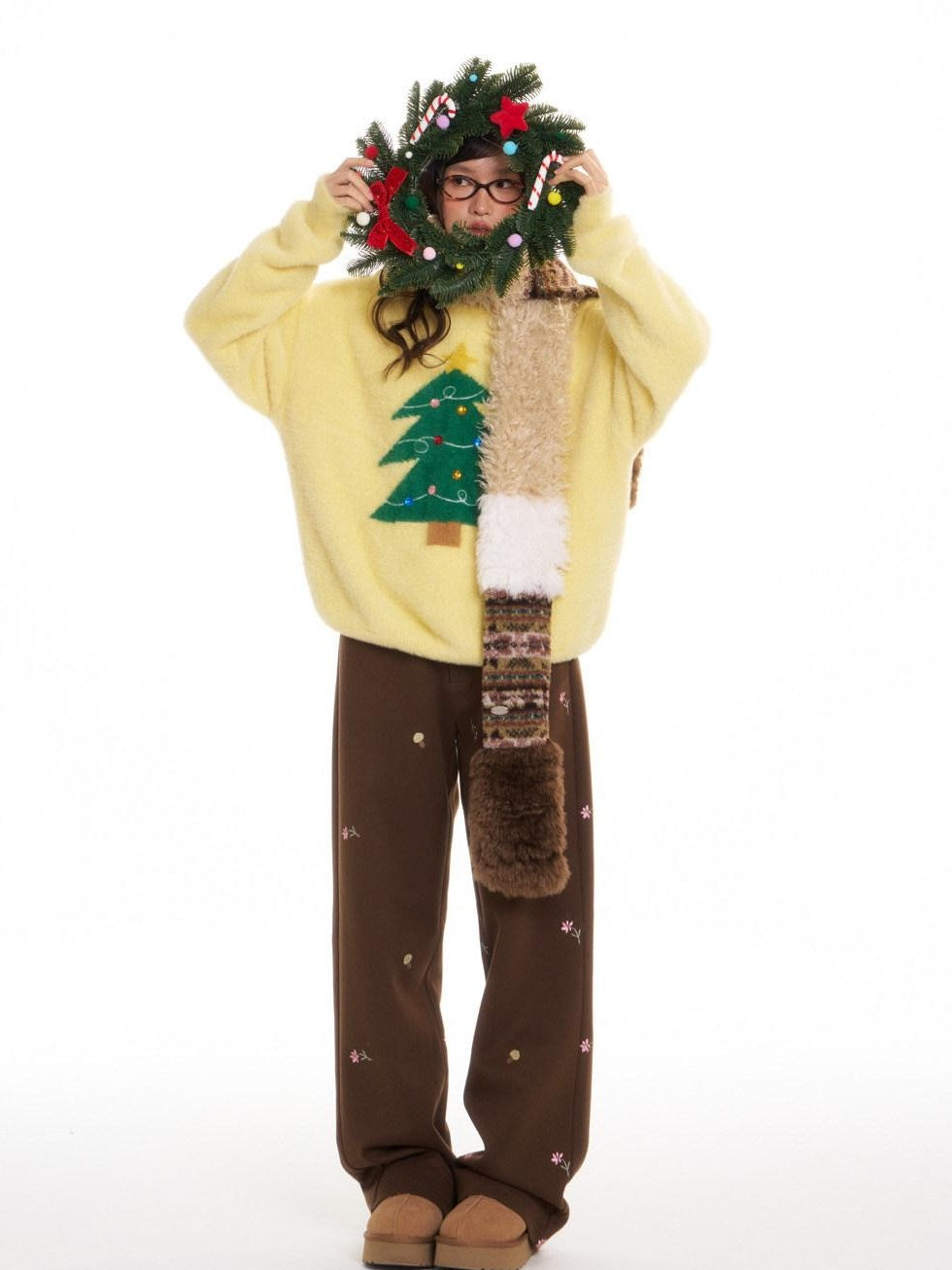 Brown Mushroom Floral Embroidery Women's Polyester Stretch Straight-leg Pants