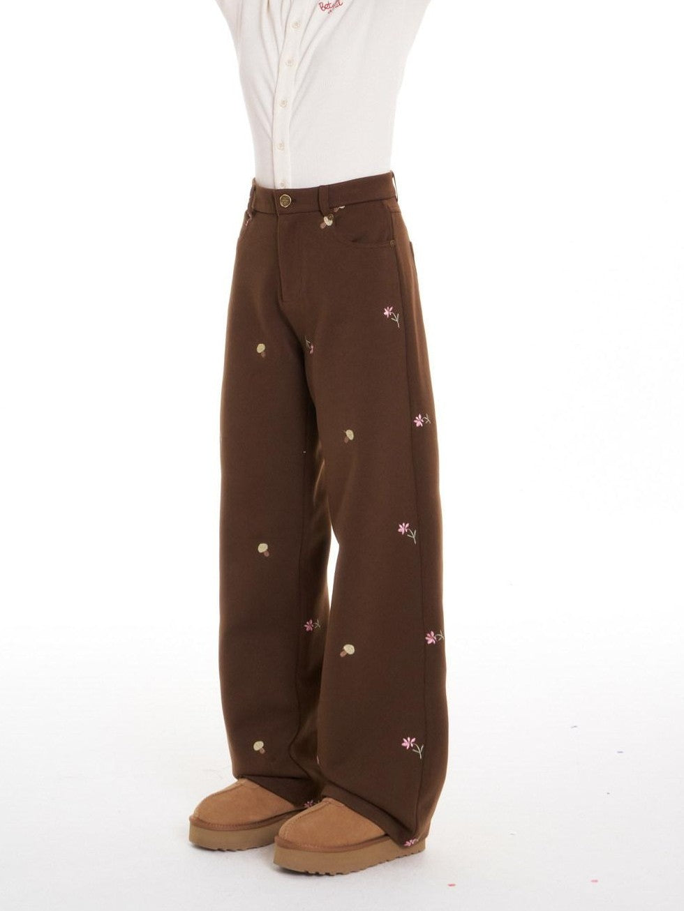Brown Mushroom Floral Embroidery Women's Polyester Stretch Straight-leg Pants