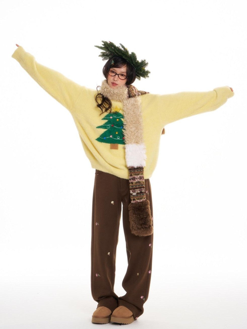 Brown Mushroom Floral Embroidery Women's Polyester Stretch Straight-leg Pants