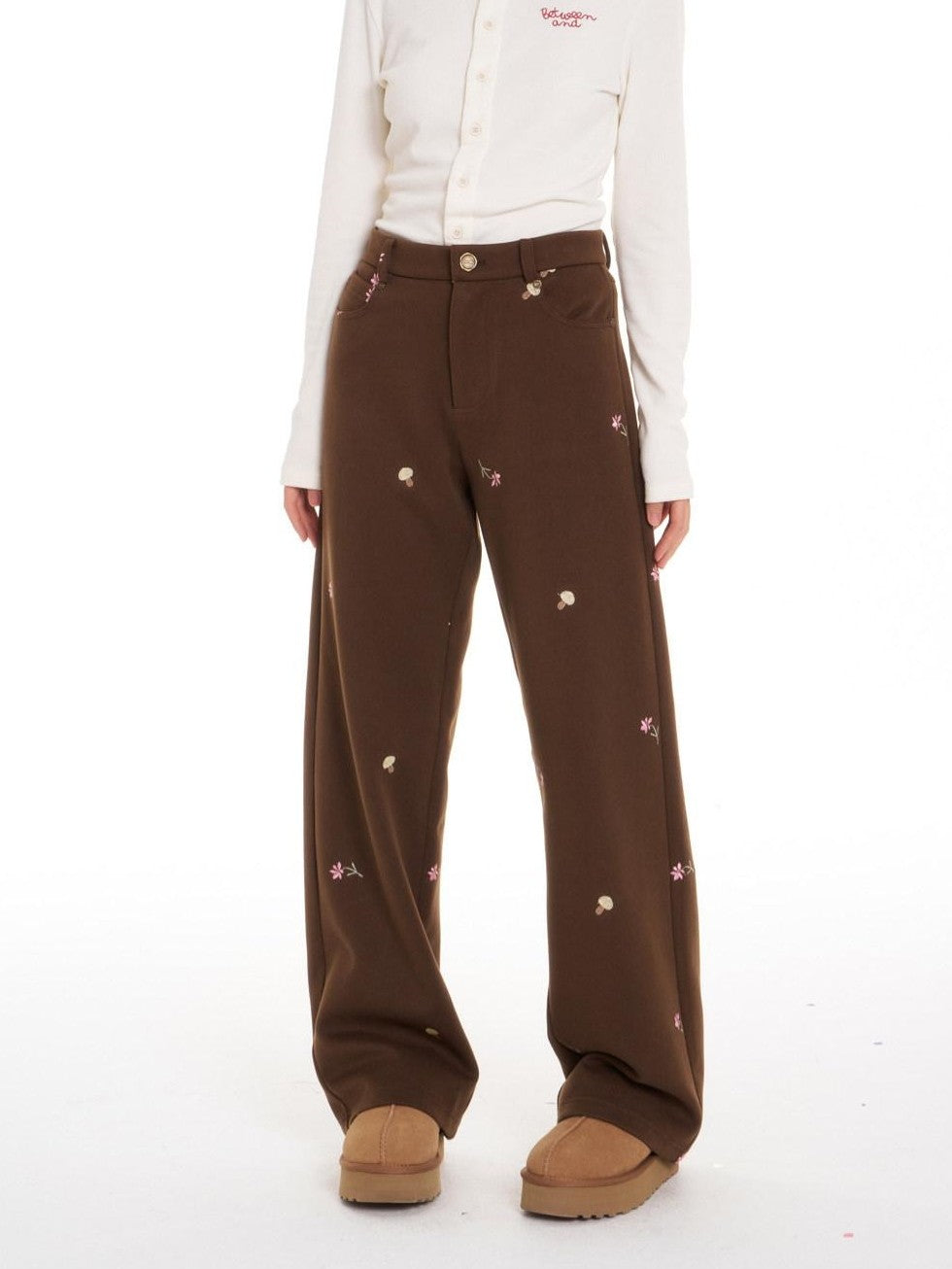 Brown Mushroom Floral Embroidery Women's Polyester Stretch Straight-leg Pants