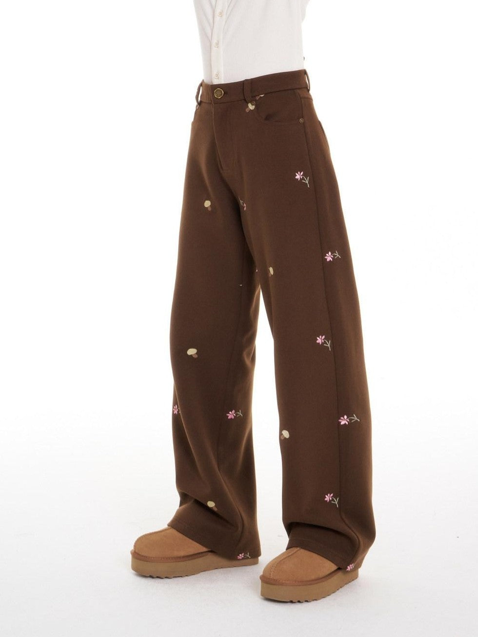 Brown Mushroom Floral Embroidery Women's Polyester Stretch Straight-leg Pants