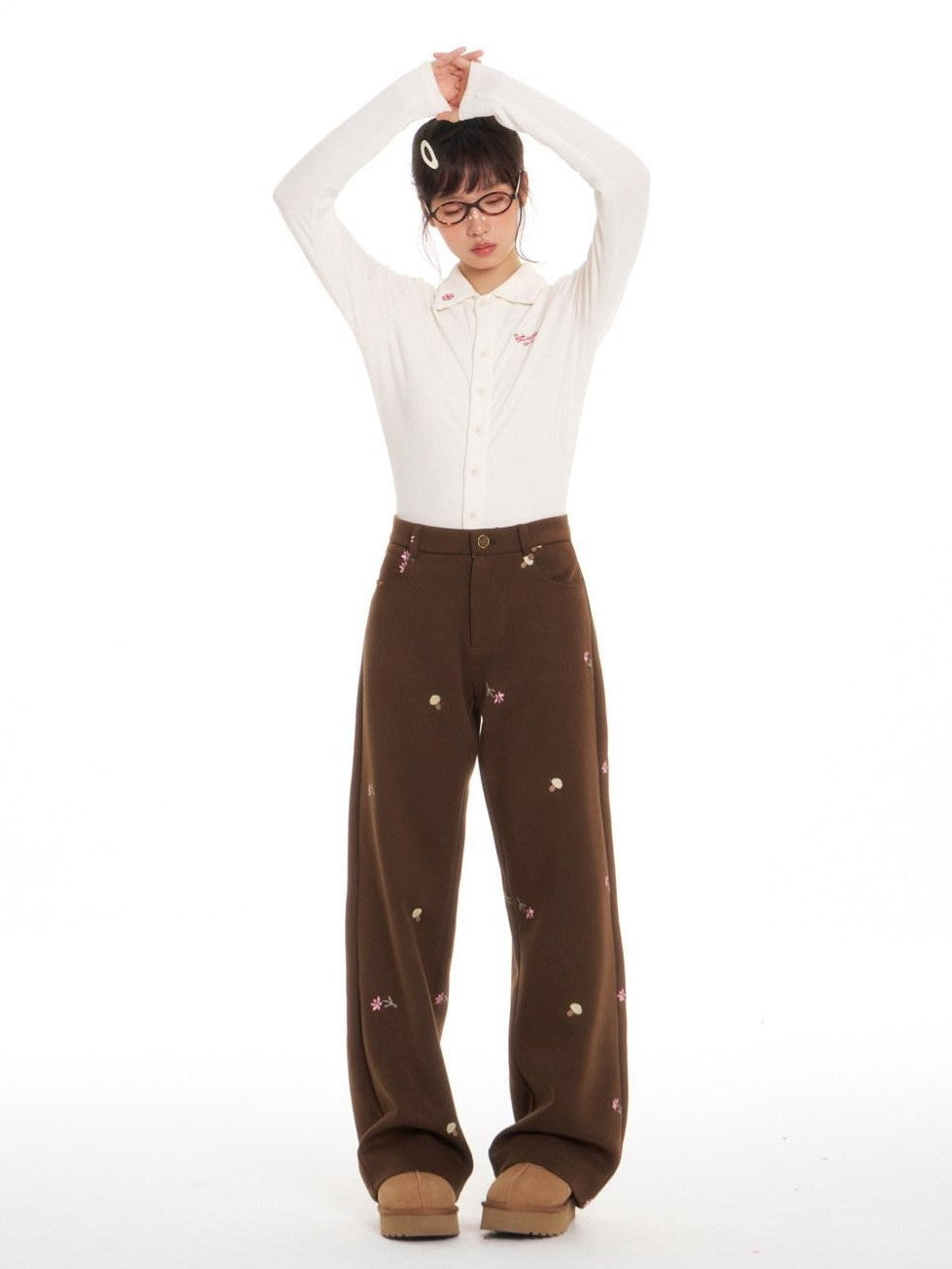 Brown Mushroom Floral Embroidery Women's Polyester Stretch Straight-leg Pants
