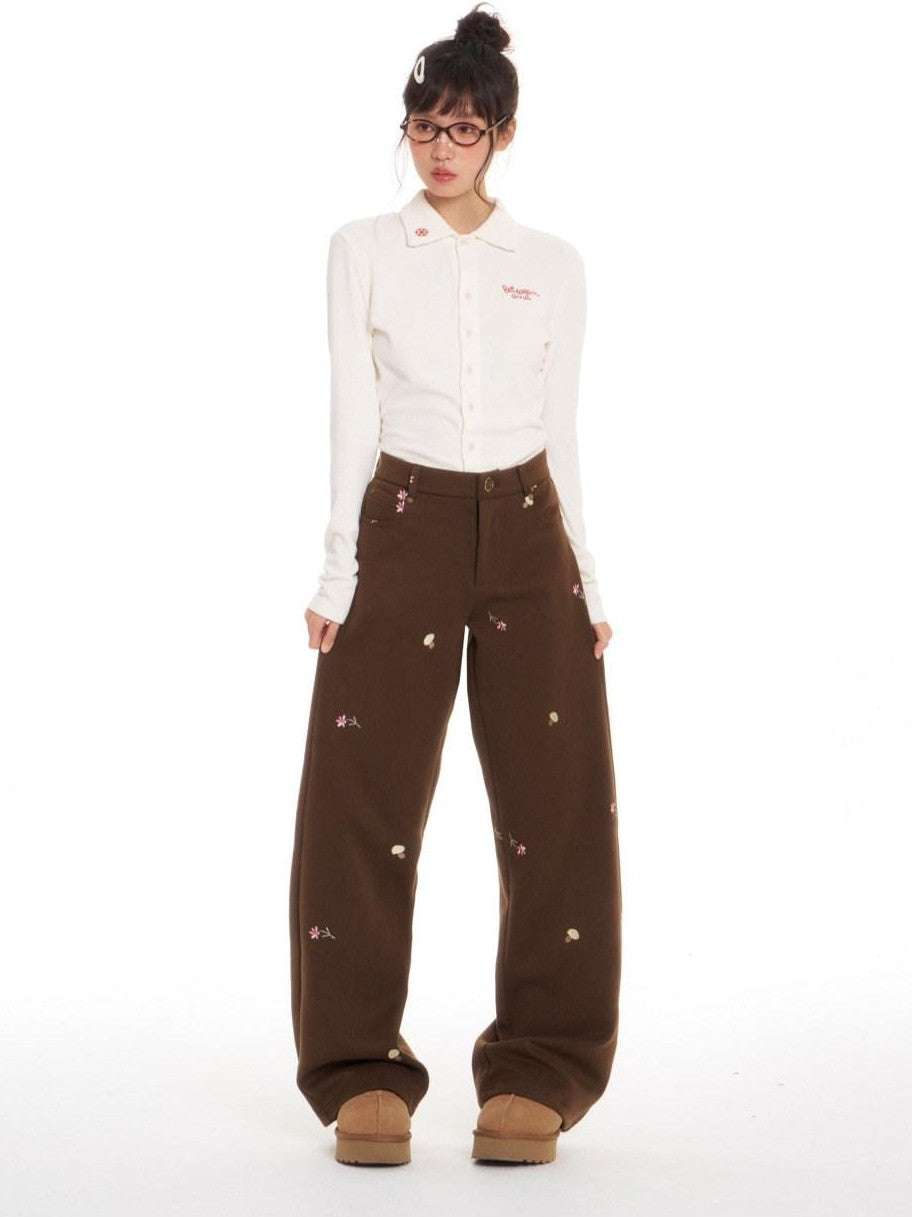 Brown Mushroom Floral Embroidery Women's Polyester Stretch Straight-leg Pants