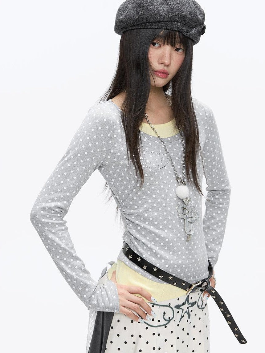 Brushed Polka Dot Rhinestone Faux Layer Slim Fit Women's Long Sleeve T-shirts