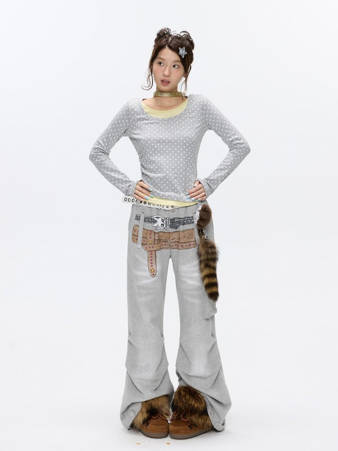 Brushed Polka Dot Rhinestone Faux Layer Slim Fit Women's Long Sleeve T-shirts