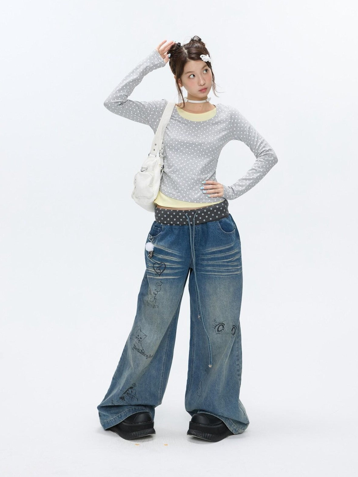 Brushed Polka Dot Rhinestone Faux Layer Slim Fit Women's Long Sleeve T-shirts