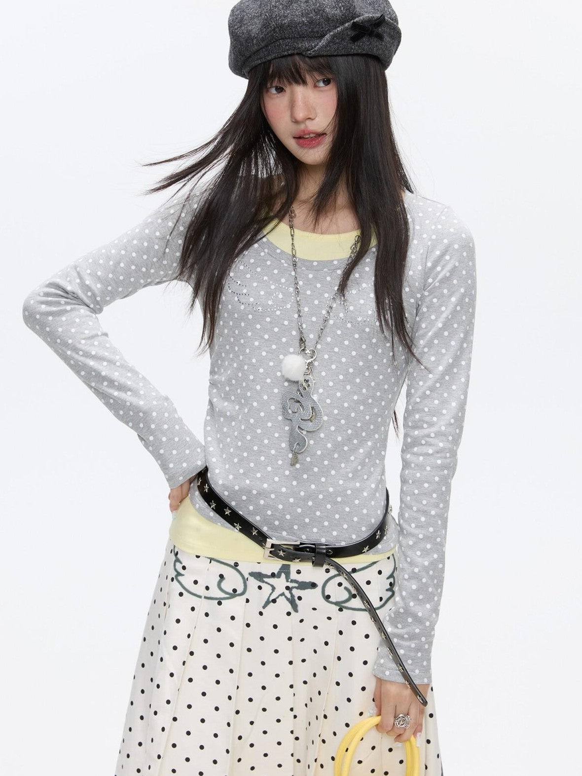 Brushed Polka Dot Rhinestone Faux Layer Slim Fit Women's Long Sleeve T-shirts