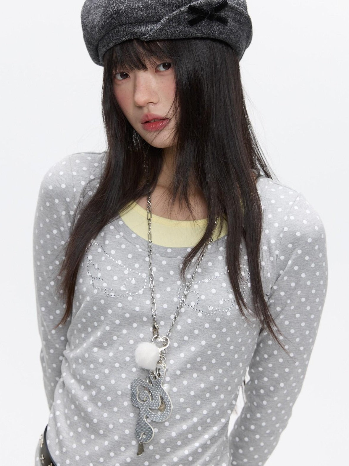 Brushed Polka Dot Rhinestone Faux Layer Slim Fit Women's Long Sleeve T-shirts