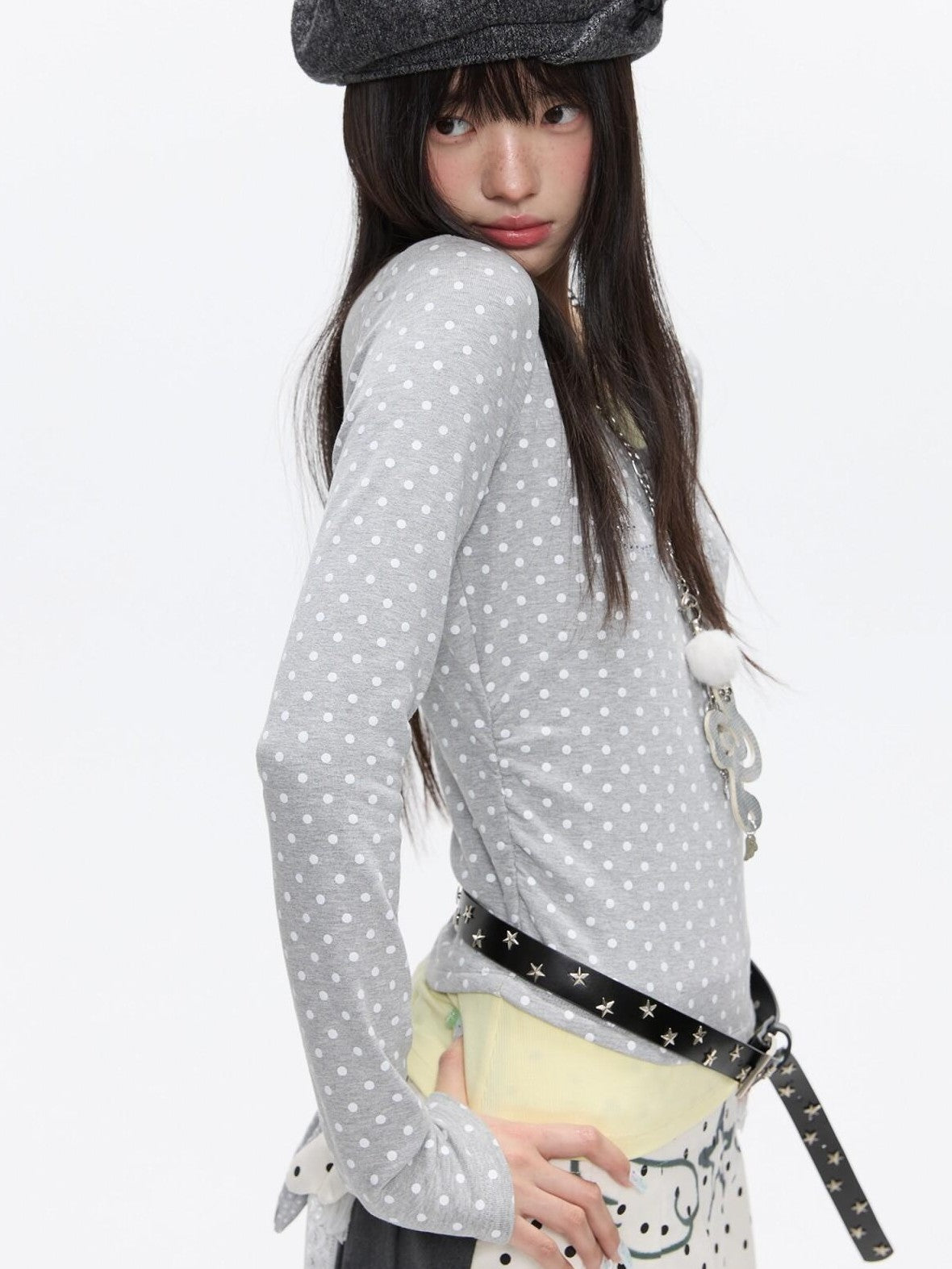 Brushed Polka Dot Rhinestone Faux Layer Slim Fit Women's Long Sleeve T-shirts