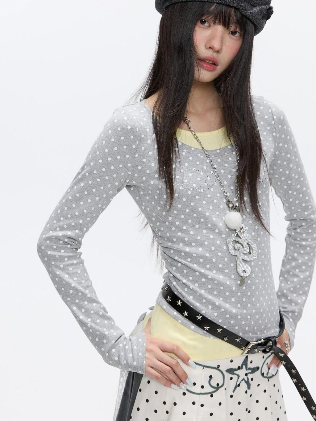 Brushed Polka Dot Rhinestone Faux Layer Slim Fit Women's Long Sleeve T-shirts