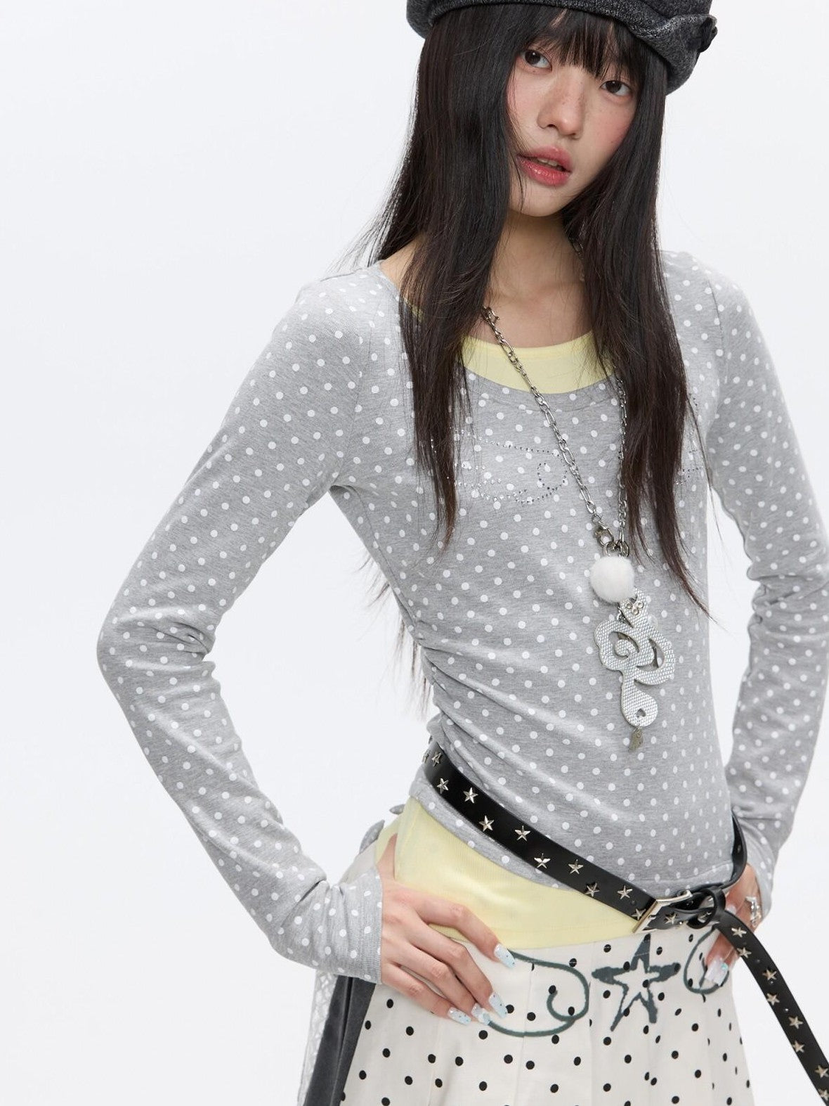 Brushed Polka Dot Rhinestone Faux Layer Slim Fit Women's Long Sleeve T-shirts