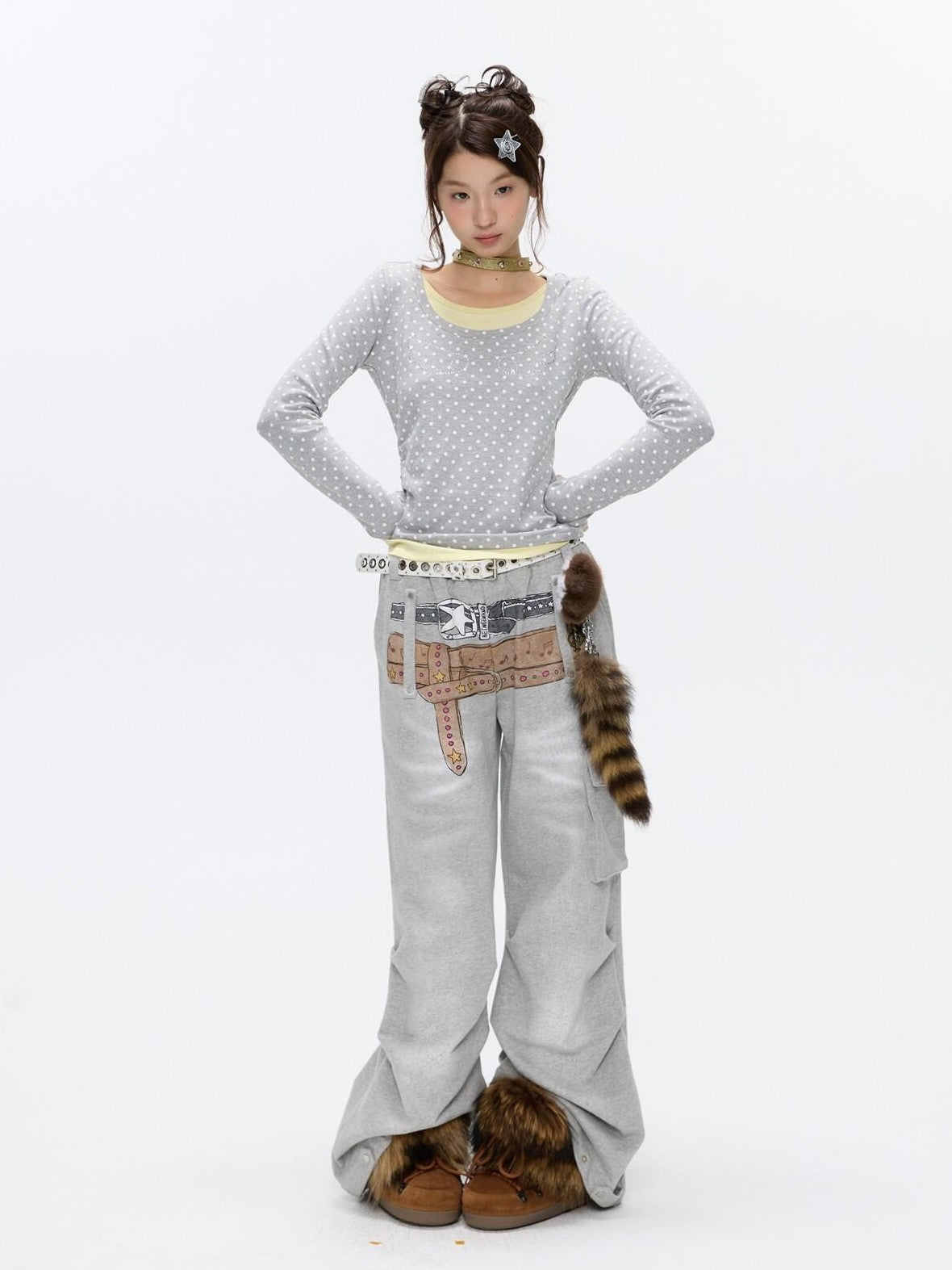 Brushed Polka Dot Rhinestone Faux Layer Slim Fit Women's Long Sleeve T-shirts