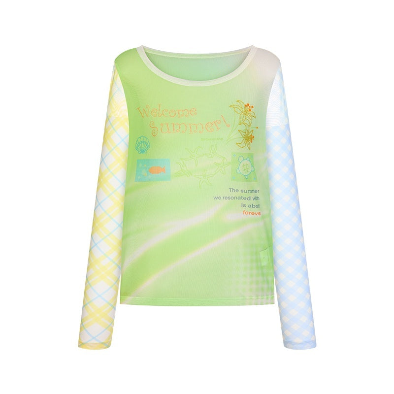 Bubble Mesh Hotfix Bead Colorblock Print Women's Nylon Long Sleeve T-shirts