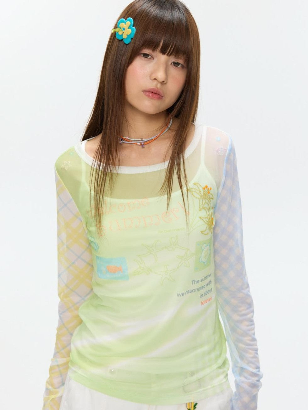 Bubble Mesh Hotfix Bead Colorblock Print Women's Nylon Long Sleeve T-shirts