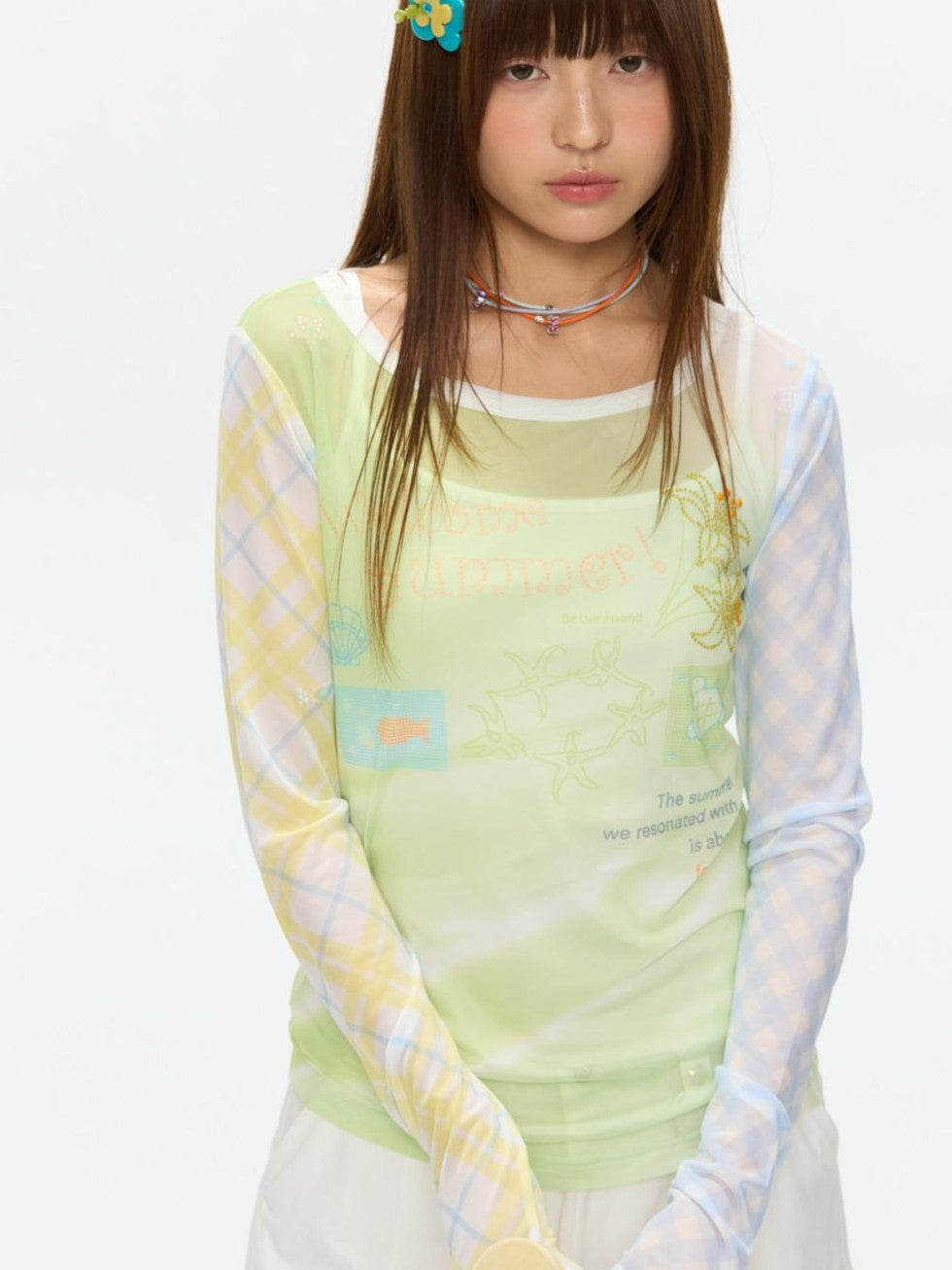 Bubble Mesh Hotfix Bead Colorblock Print Women's Nylon Long Sleeve T-shirts