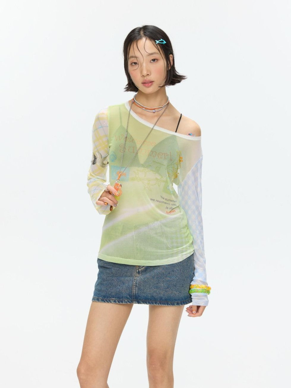 Bubble Mesh Hotfix Bead Colorblock Print Women's Nylon Long Sleeve T-shirts