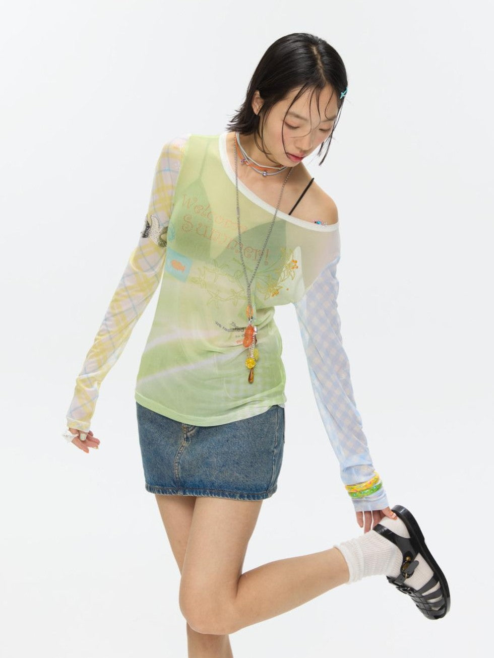 Bubble Mesh Hotfix Bead Colorblock Print Women's Nylon Long Sleeve T-shirts