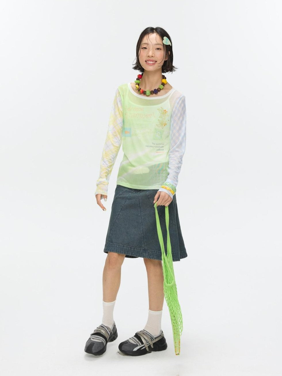 Bubble Mesh Hotfix Bead Colorblock Print Women's Nylon Long Sleeve T-shirts