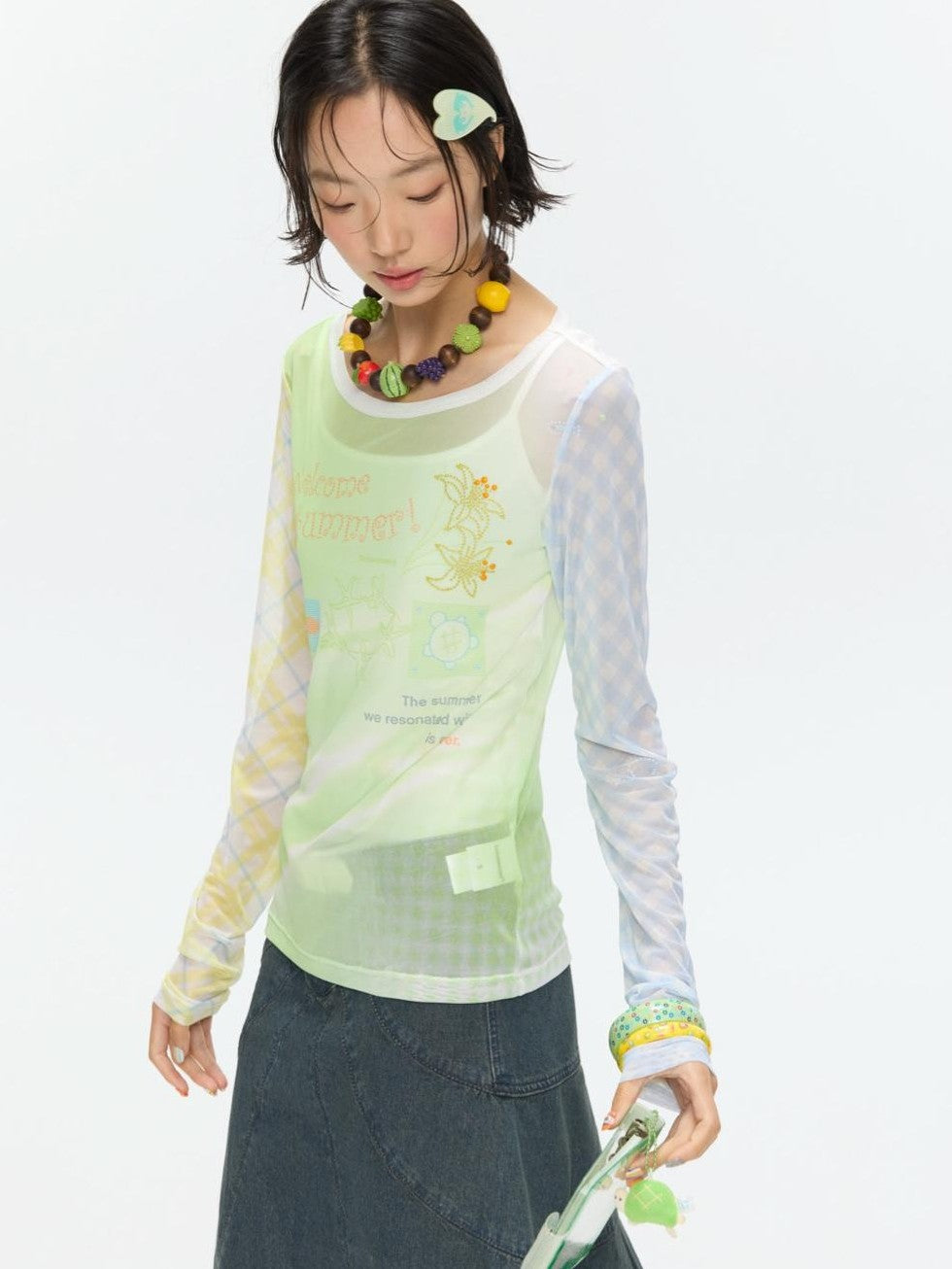 Bubble Mesh Hotfix Bead Colorblock Print Women's Nylon Long Sleeve T-shirts