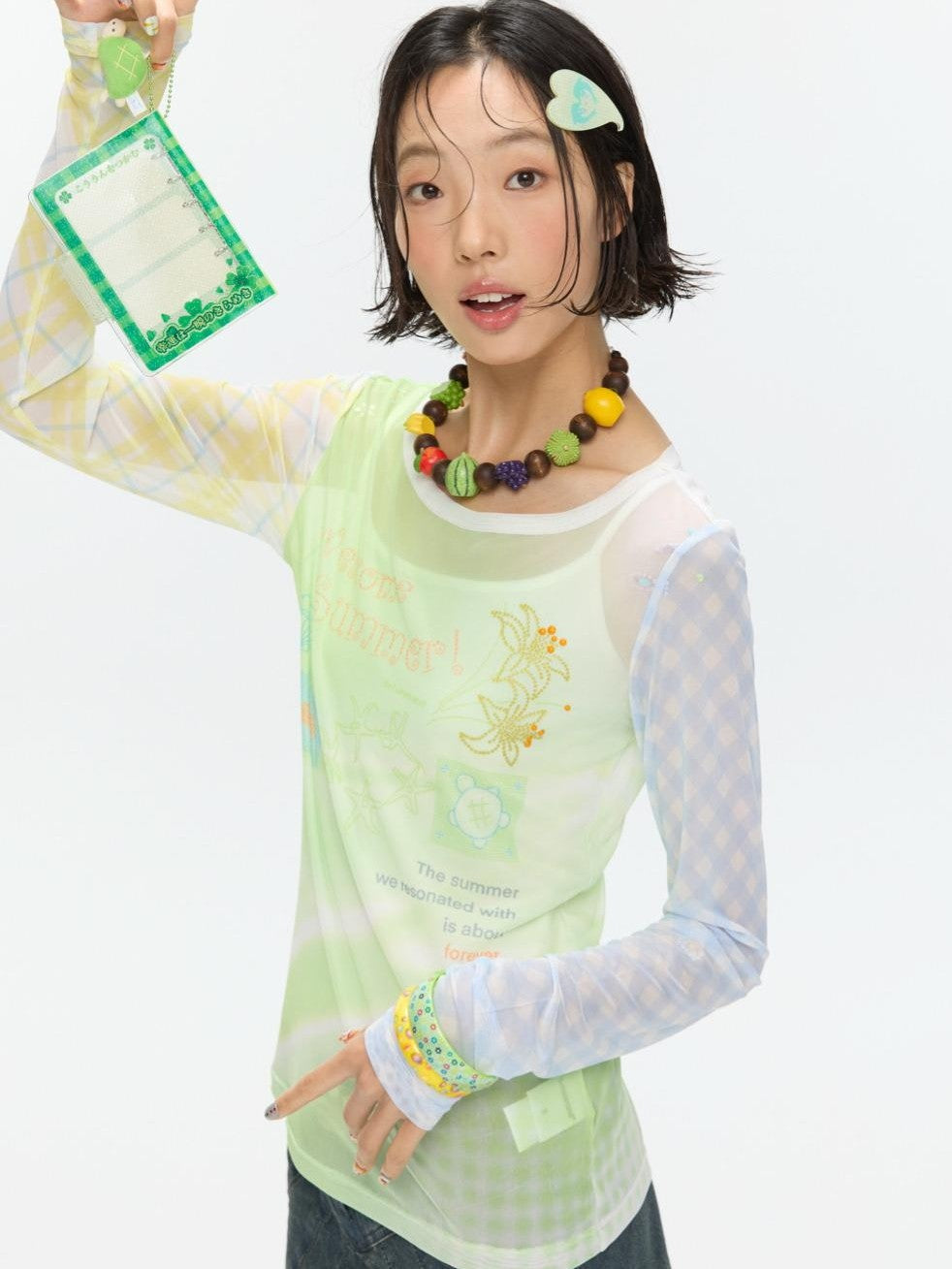 Bubble Mesh Hotfix Bead Colorblock Print Women's Nylon Long Sleeve T-shirts
