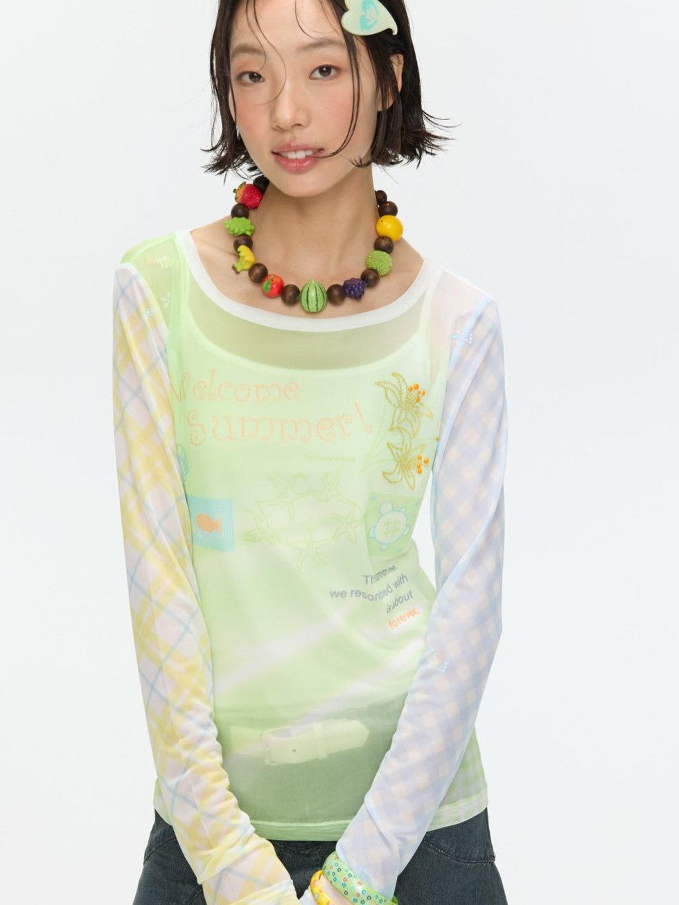 Bubble Mesh Hotfix Bead Colorblock Print Women's Nylon Long Sleeve T-shirts