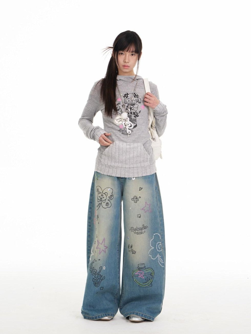 Bunny Ear Hood Puff Print Straight Cut Women's Polyester Blend Hoodies