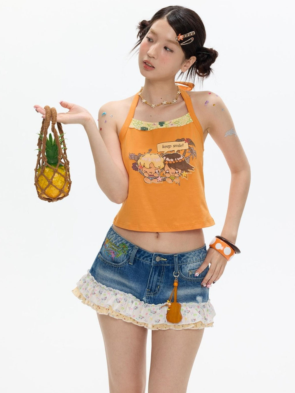 California Orange Bead Embroidery Halter Women's Cotton Blend Camisoles