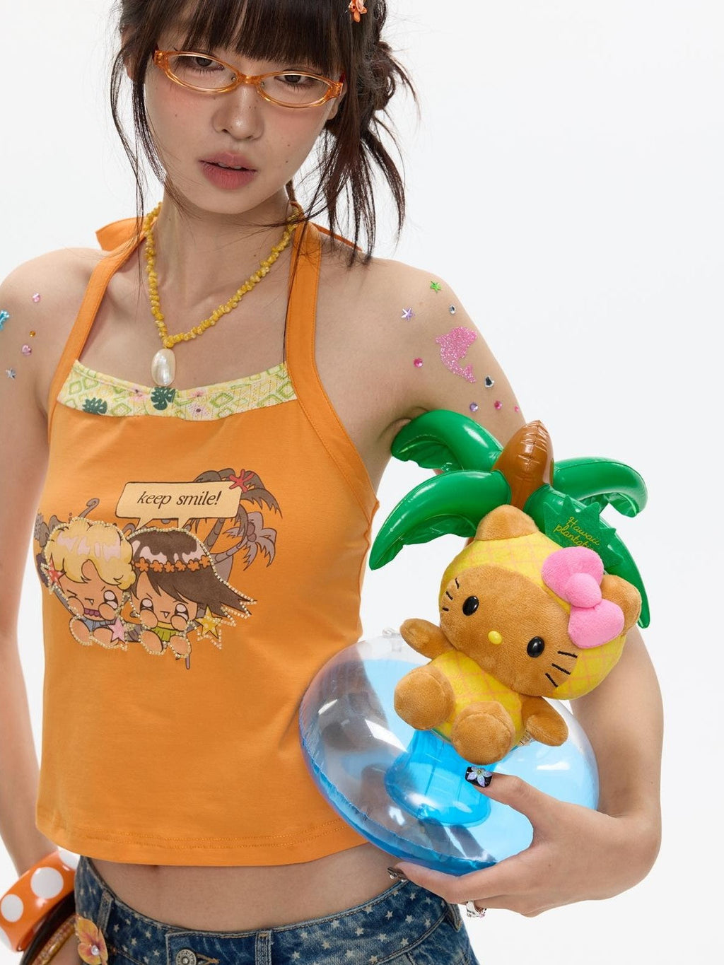 California Orange Bead Embroidery Halter Women's Cotton Blend Camisoles