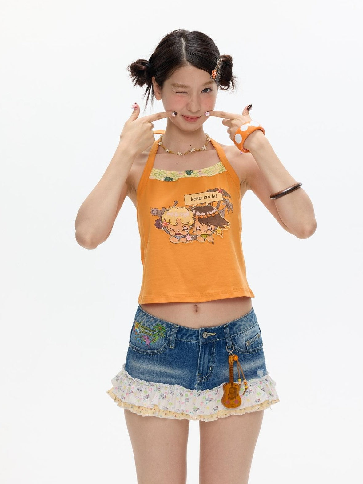 California Orange Bead Embroidery Halter Women's Cotton Blend Camisoles
