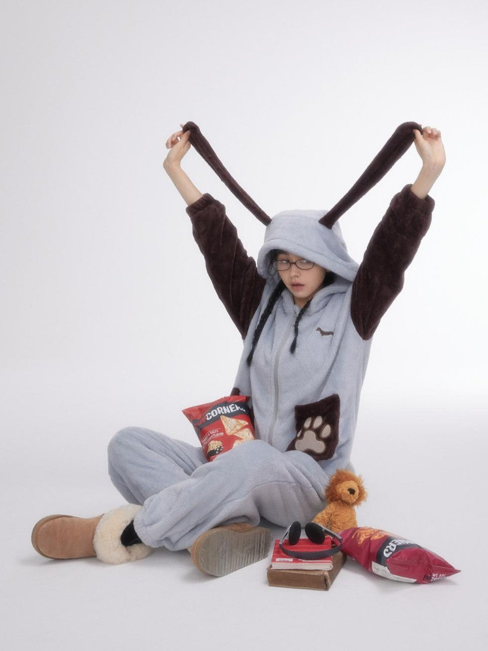 Cartoon Puppy Hooded Short Sleeve Shorts Women's Flannel Lounge Top & Pants Sets