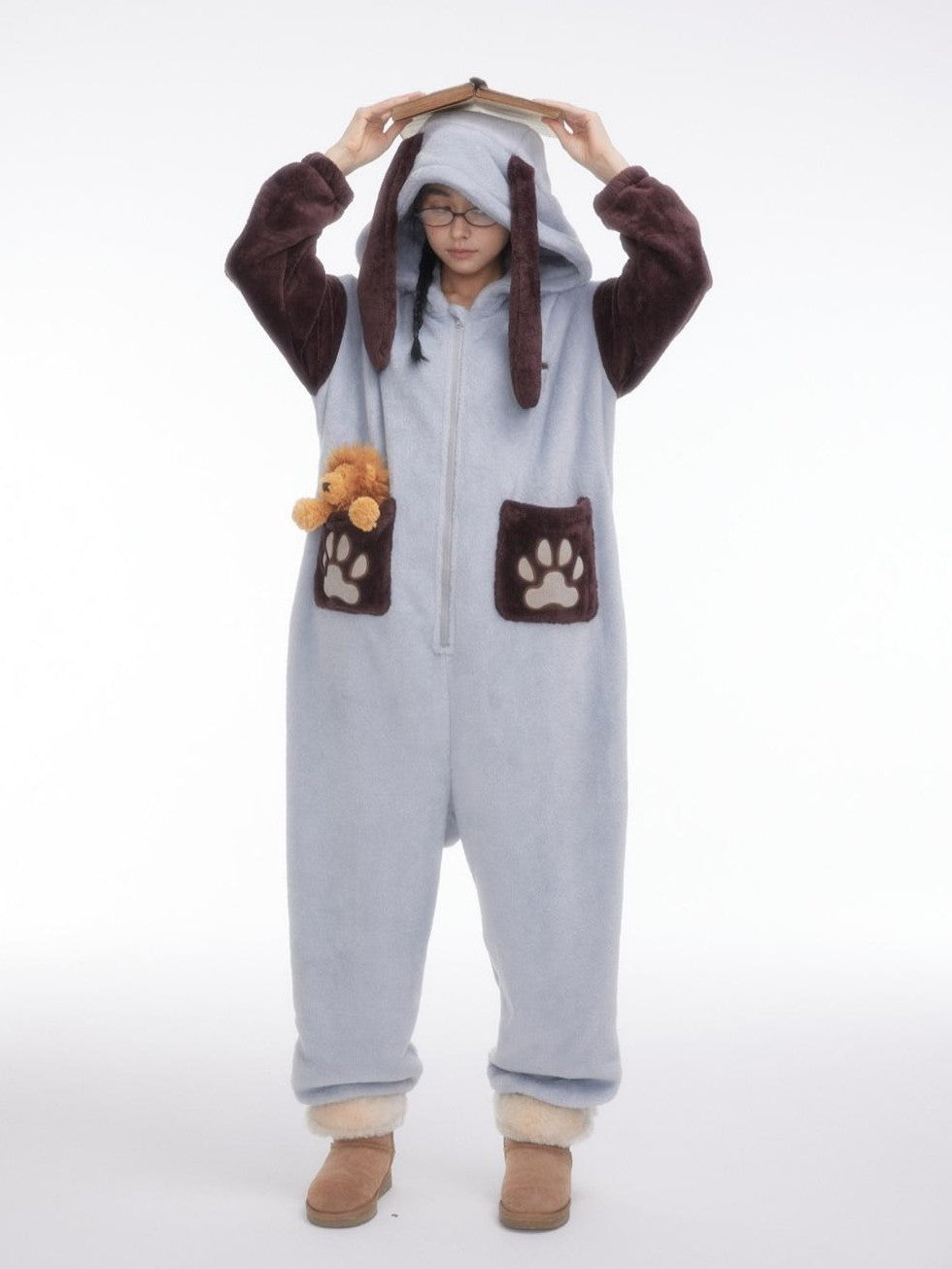 Cartoon Puppy Hooded Short Sleeve Shorts Women's Flannel Lounge Top & Pants Sets