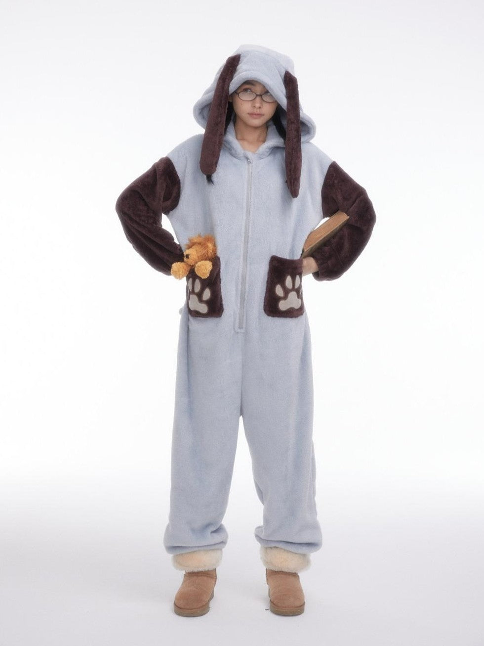 Cartoon Puppy Hooded Short Sleeve Shorts Women's Flannel Lounge Top & Pants Sets