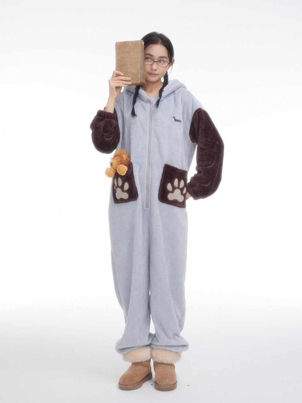 Cartoon Puppy Hooded Short Sleeve Shorts Women's Flannel Lounge Top & Pants Sets
